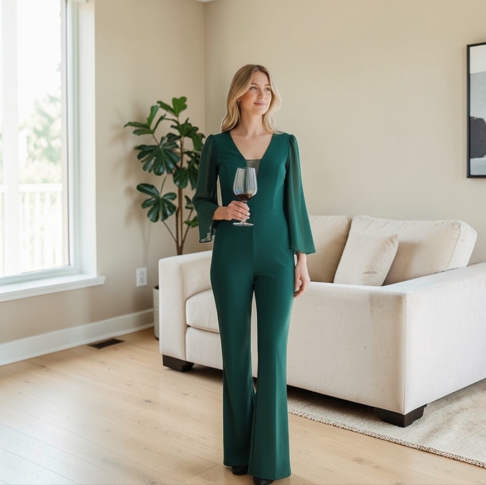 Chic Vintage Prived Plus mesh 3/4 sleeve loose wide leg Pants & Jumpsuit V Neck